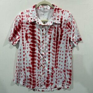 Flycurvy Womens Red White Tie Dye Short Sleeve Button Down Shirt Collared Top